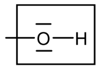 Molekülskizze: Sauerstoff mit zwei freien Elektronenpaaren, Bindungen nach links und zu H rechts.